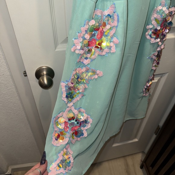 ASOS NWT  Curve Teal Sequin Beaded Pearl Shift Flutter Sleeve Dress Size 18 Plus - Picture 5 of 16